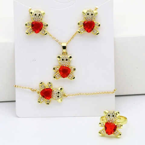 Cute Bear Heart Pendant Necklace Bracelet Earrings Open Ring Women Copper 18K Gold Plated Zirconia Rhinestone Fashion Jewelry Gift