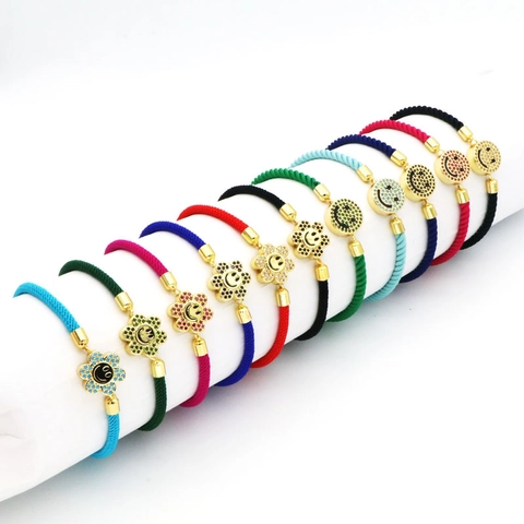 Bohemian Braided Rope Bracelet For Women Copper Colorful Zirconia Inlaid Evil Eye Smiley Face Sunflower Adjustable Fashion Jewelry Gift