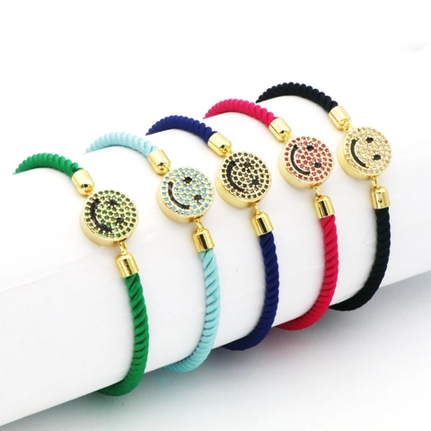 Bohemian Braided Rope Bracelet For Women Copper Colorful Zirconia Inlaid Evil Eye Smiley Face Sunflower Adjustable Fashion Jewelry Gift