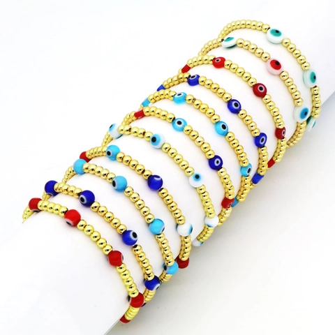 Vintage Evil Eye Beaded Bracelet For Women Bohemian 18K Gold Plated Copper Glass Resin Lucky Protection Turkish Eye Elastic Charm Bracelet Jewelry