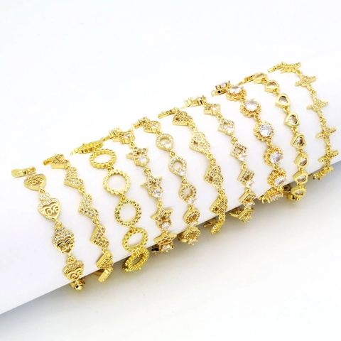 Vintage Gold Vergoldetes Kupferarmband Für Damen Eingelegter Zirkon Schmetterling Herz Stern Kreuz Flugzeug Geometrisches Armband