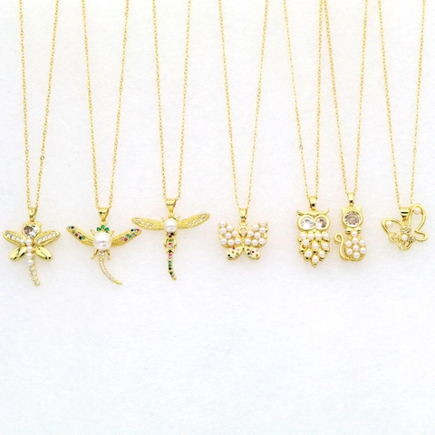 Elegant Copper Animal Pendant Necklace With Zirconia And Artificial Pearl Gold Plated Dragonfly Butterfly Owl Cat Chain