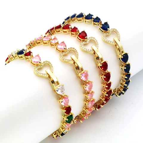 Hip-Hop Herz Tenniskette Kupfer Zirkonia Halskette Armband Für Damen Bunter Luxus Herz Schmuck Halskette Armband Combo