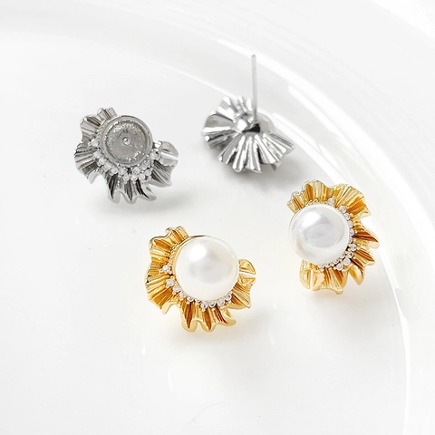 Vergulde Koperen Geplooide Schelpvorm Oorknopjes Basis DIY Oorbel Accessoires Met Zirkoon Voor Sieraden Maken Vrouwen Sieraden