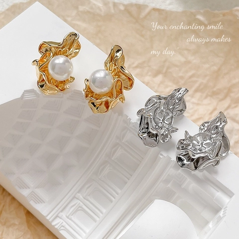 Unregelmäßige Falten Ohrstecker Mit 925 Sterlingsilber Ohrstecker-Stift Gold Silber Galvanisiert Barock Künstliche Perle Ohrringe