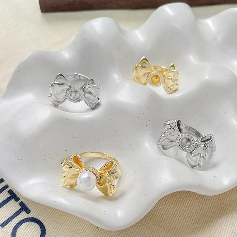 DIY Bow Knot Ring Base Copper 18K Gold Plated Rhinestone Jewelry Finding For Women Pearl Ring Setting Accessories