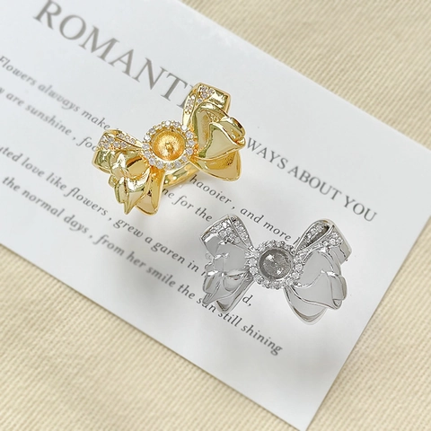 DIY Bow Knot Ring Base Copper 18K Gold Plated Rhinestone Jewelry Finding For Women Pearl Ring Setting Accessories