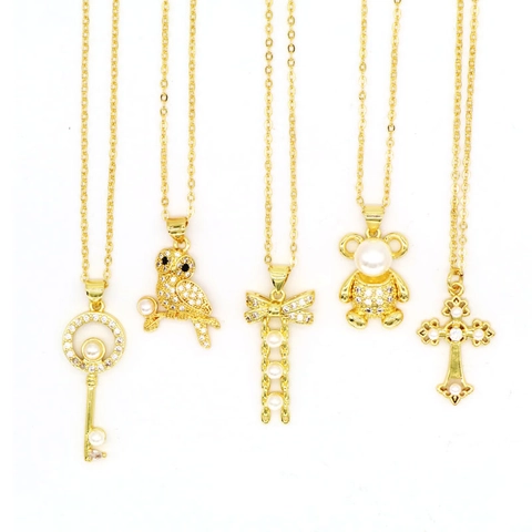 Elegant 18K Gold Plated Copper Zircon Artificial Pearl Pendant Necklace Women Owl Cat Bear Key Bow Cross Style Fashion Jewelry Gift