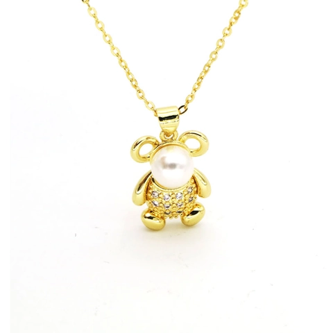 Elegant 18K Gold Plated Copper Zircon Artificial Pearl Pendant Necklace Women Owl Cat Bear Key Bow Cross Style Fashion Jewelry Gift