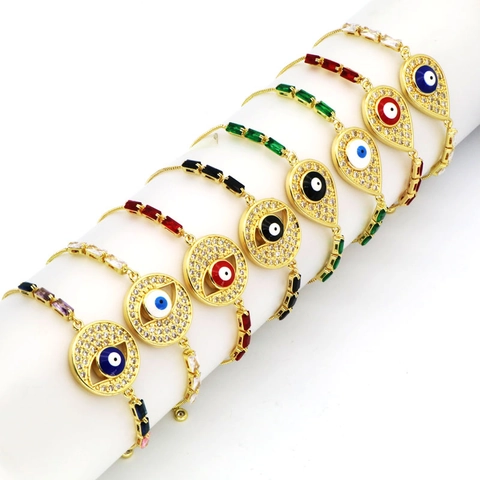 Bohemian Evil Eye Copper Zirconia Bracelet For Women Gold Plated Adjustable Slider Chain Rhinestone Enamel Charm Bracelet Fashion Jewelry