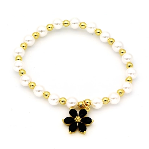 Fashion Women Copper Flower Charm Beaded Bracelet 18K Gold Plated Zirconia Inlaid Artificial Pearl Elastic Strand Jewelry