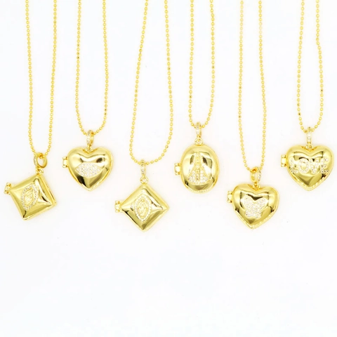 Vintage Copper Locket Necklace For Women Heart Square Oval Openable Photo Frame Pendant Rhinestone Inlaid Religious Jewelry
