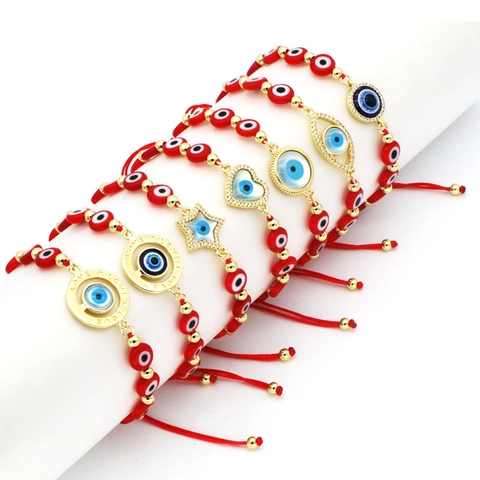 Handmade Evil Eye Braided Red String Bracelet For Women Copper Lucky Nazar Protection Rhinestone Heart Star Pendant Bracelet