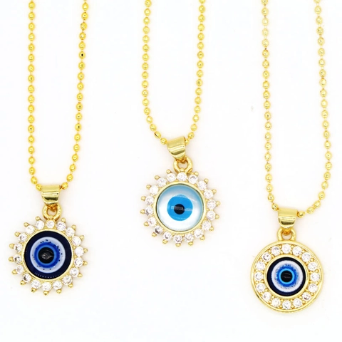 Copper Evil Eye Pendant Necklace Rhinestone Inlay Turkish Style Blue Eye Bead Chain For Women Daily Fashion Jewelry Gift