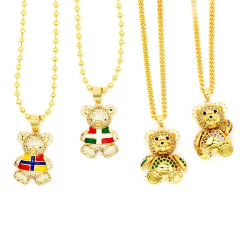Hip Hop Vergoldet Kupfer Teddybär Anhänger Halskette Für Damen Funkelnde Zirkonia Emaille Tier Charm Bling Schmuck Geschenk