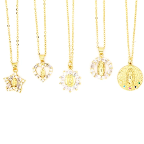 Collar con Colgante de la Virgen María Vintage para Mujer de Cobre con Incrustaciones de Circonia Chapado en Oro Corazón Estrella Joyería Religiosa