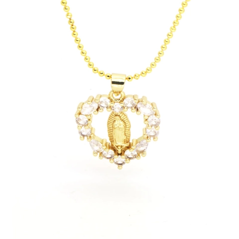 Religiosa Virgen María Corazón Colgante Collar Oro Chapado Cobre Circonia Estrella Redondo Choker Joyería para Mujer Regalo
