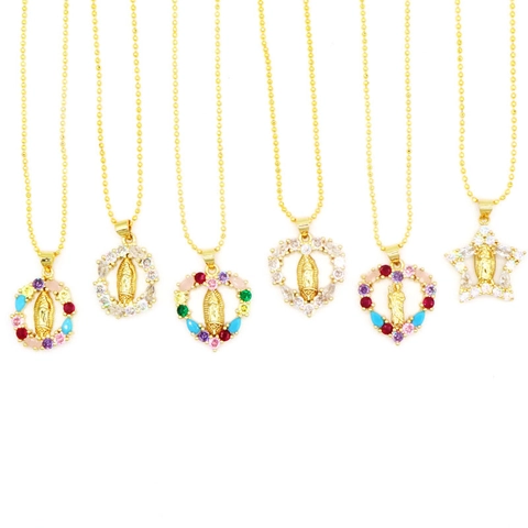 Religiosa Virgen María Corazón Colgante Collar Oro Chapado Cobre Circonia Estrella Redondo Choker Joyería para Mujer Regalo
