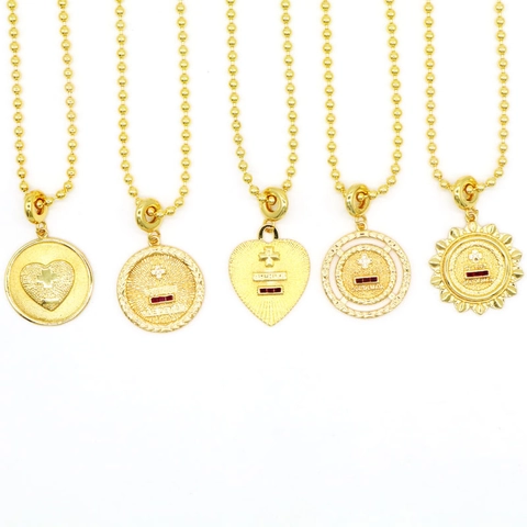 French Vintage Copper Zirconia Heart Cross Pendant Necklace Gold Plated Round Coin Medallion Ball Chain Jewelry For Women