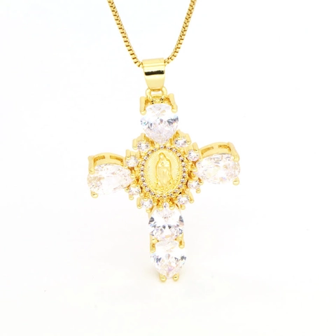 Religiöse Jungfrau Maria Kreuz Anhänger Halskette 18K Vergoldet Kupfer Birnenschliff Zirkonia Boxkette Schmuck Für Damen Herren