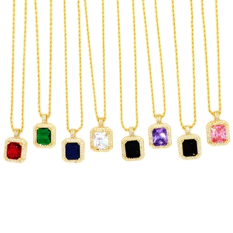 Hip Hop Gold Plated Copper Square Zirconia Pendant Necklace For Men Women Colorful Artificial Gemstone Rope Chain Jewelry