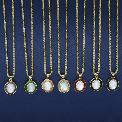 Luxury Virgin Mary Oval Pendant Necklace Gold Plated Copper Zirconia Inlaid Shell Relief Rope Chain Religious Jewelry