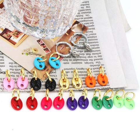 Fashion Copper Painted Pig Nose Coffee Bean Stud Earrings For Women Minimalist Colorful Painted Style Geometric Hoop Earrings