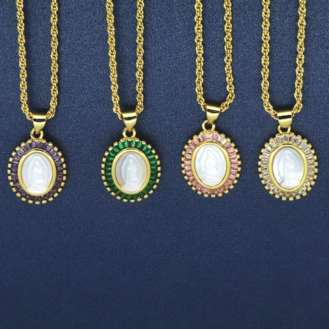 Luxury Virgin Mary Oval Pendant Necklace Gold Plated Copper Zirconia Inlaid Shell Relief Rope Chain Religious Jewelry