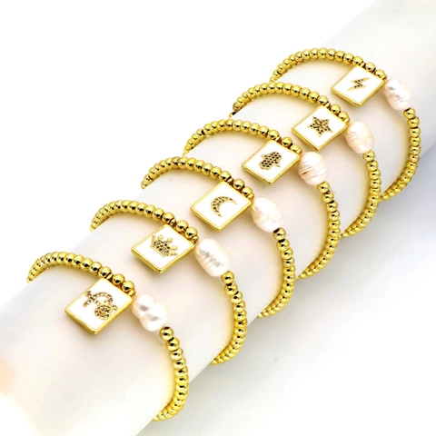 Gold Plated Copper Beaded Bracelet For Women With Baroque Artificial Pearl And Enamel Square Charm Star Moon Crown Jewelry
