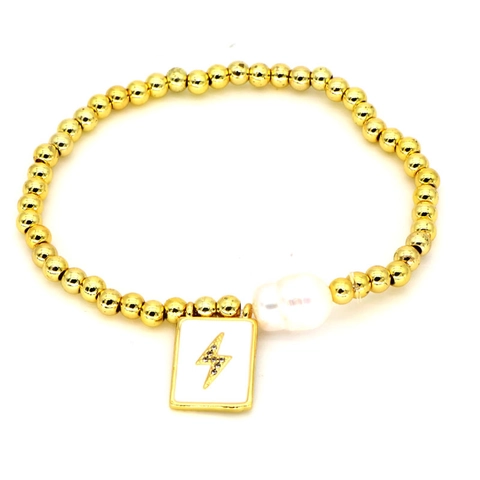 Gold Plated Copper Beaded Bracelet For Women With Baroque Artificial Pearl And Enamel Square Charm Star Moon Crown Jewelry