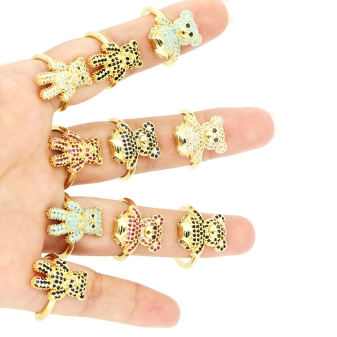 Cute Bear Open Ring Colorful Zirconia Micro Inlaid 18K Gold Plated Copper Animal Finger Ring For Women Fashion Jewelry Gift