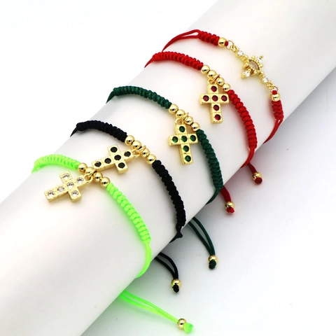 Western Fashion Hand Woven Red Rope Bracelet Women Copper 18K Gold Plated Zirconia Cross Pendant Adjustable String Jewelry