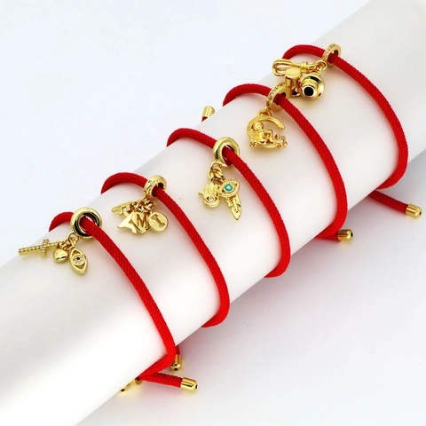 Bracelet Cordon Rouge Pendentif Croix Mauvais Œil Cœur en Cuivre Strass pour Femmes Bijoux de Mode Amulette de Protection