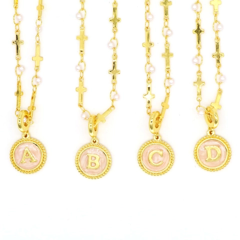Fashion Copper Alphabet Pendant Necklace For Women Gold Plated Enamel Initial Letter Artificial Pearl Cross Choker Jewelry