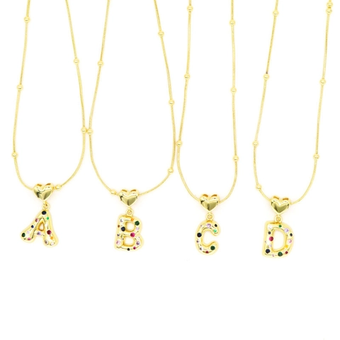 18K Gold Plated Copper Colorful Zircon Alphabet Pendant Necklace Heart Connector Bubble Letter Snake Chain Women Jewelry