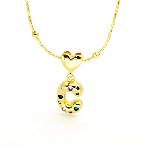 18K Gold Plated Copper Colorful Zircon Alphabet Pendant Necklace Heart Connector Bubble Letter Snake Chain Women Jewelry