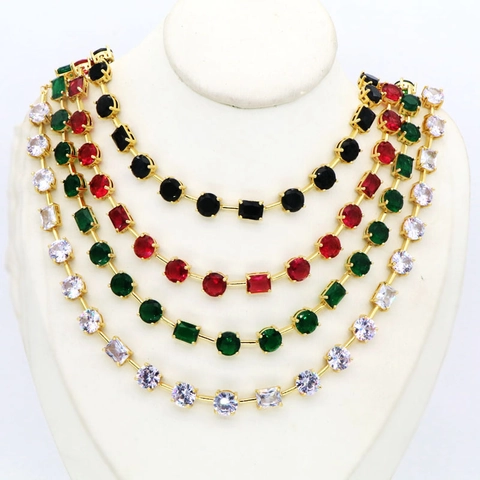 Luxury Copper Zirconia Bamboo Joint Chain Necklace For Women Elegant Geometric Emerald Green Square Round Stone Pendant Jewelry