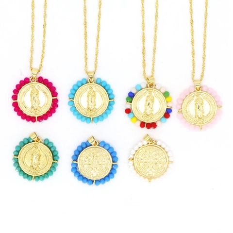Collar Con Colgante De La Virgen María Vintage Para Mujer Cadena De Cobre Bañada En Oro Con Cuentas Coloridas Medalla Religiosa Joyería Bohemia