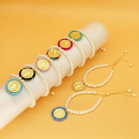 Religious Saint Benedict Medal Pendant Artificial Pearl Bracelet For Women Gold Copper Beaded Adjustable Slider Bracelet Jewelry