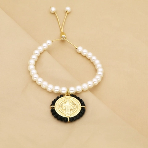 Religious Saint Benedict Medal Pendant Artificial Pearl Bracelet For Women Gold Copper Beaded Adjustable Slider Bracelet Jewelry
