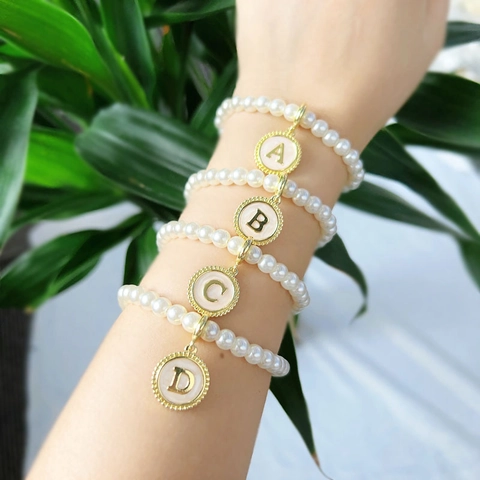 Women Minimalist Imitation Artificial Pearl Bracelet Pink Enamel Initial Letter Pendant Adjustable Gold Plated Copper Chain Jewelry