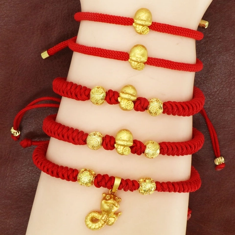 Hand Woven Year Of The Snake Red Rope Bracelet Alloy Gold Plated Zodiac Snake Lucky Blessing Red String Bracelet For Unisex New Year Gift