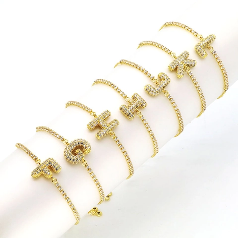 18K Gold Plated Copper Bubble Initial Letter Bracelet For Women Shiny Zirconia Pave Tennis Chain Adjustable Hand Jewelry