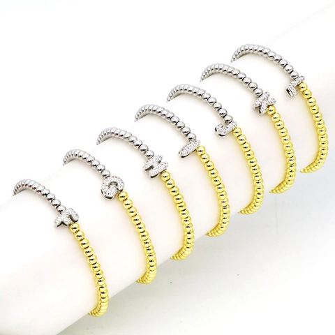 18K Gold Plated Copper Beaded Bracelet For Women Inlaid Zirconia Bubble Letter Elastic String Personalized Fashion Jewelry