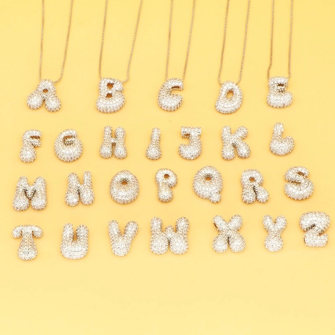 Copper Puffy Bubble Alphabet Pendant Necklace With Shiny Zirconia Pave English Letter Box Chain Jewelry For Women Daily Party