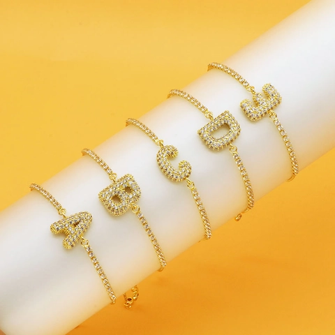 18K Gold Plated Copper Bubble Initial Letter Bracelet For Women Shiny Zirconia Pave Tennis Chain Adjustable Hand Jewelry