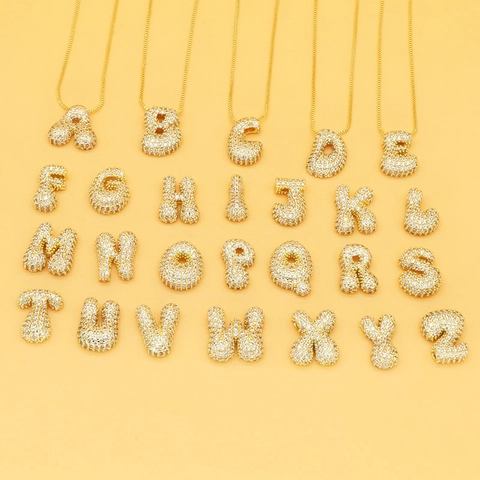 Copper Puffy Bubble Alphabet Pendant Necklace With Shiny Zirconia Pave English Letter Box Chain Jewelry For Women Daily Party