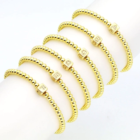 18K Gold Plated Copper Beaded Bracelet For Women Zirconia Square Initial Letter Dice Charm Elastic Fashion Jewelry Gift