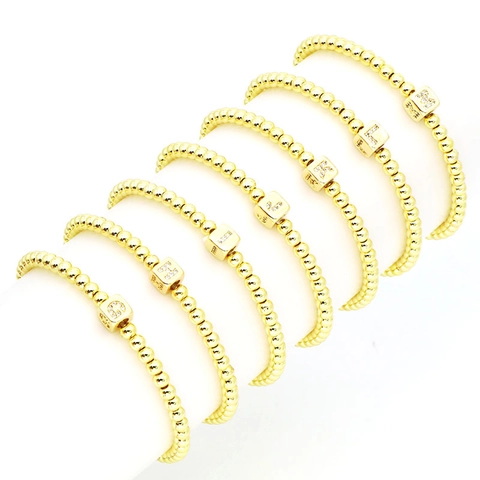 18K Gold Plated Copper Beaded Bracelet For Women Zirconia Square Initial Letter Dice Charm Elastic Fashion Jewelry Gift