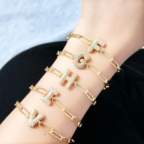 18K Gold Plated Copper Zirconia Bubble Balloon Initial Letter Bracelet For Women Paperclip Chain Adjustable Hip Hop Jewelry